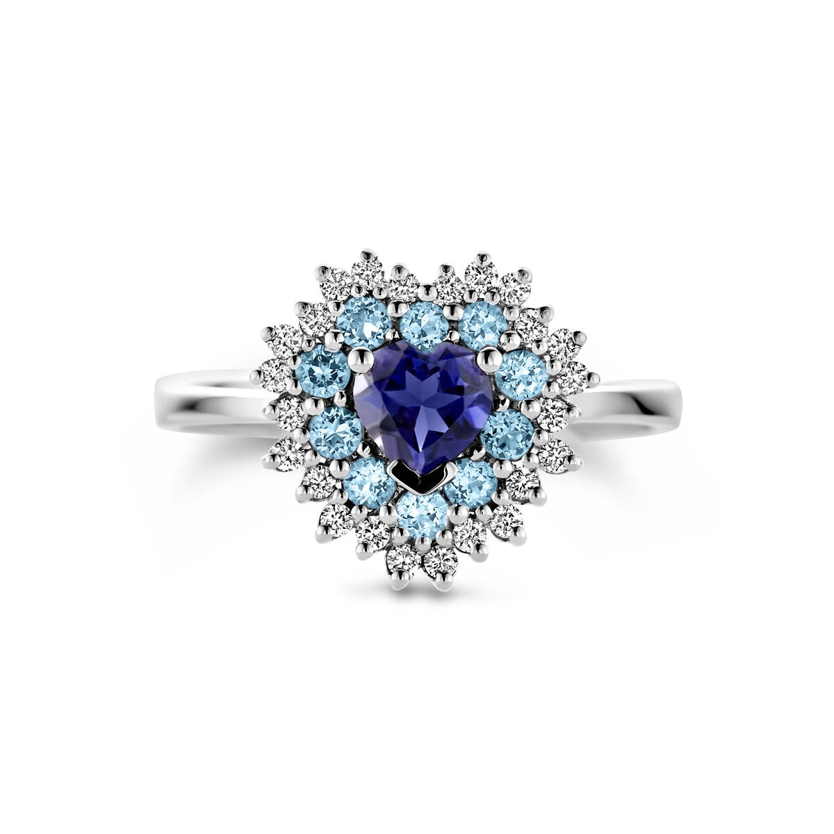 Pierścionek z białego złota w kształcie serca – topaz london blue, iolit i diament