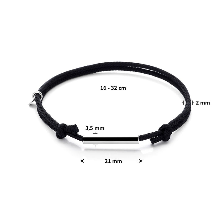 Zwart katoenen armband met gerhodineerd staafje