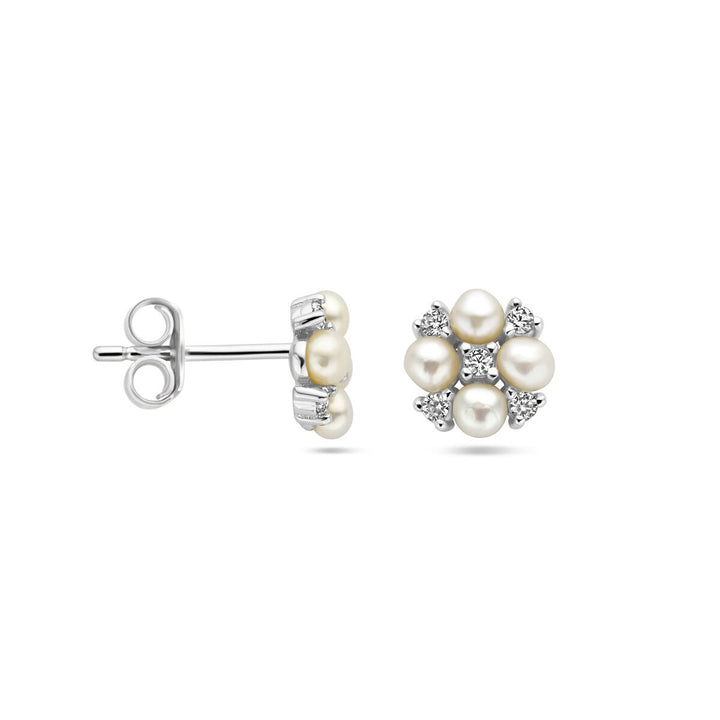 Zilveren dames oorknoppen met zoetwaterparel en zirkonia – gerhodineerd 7.5 mm