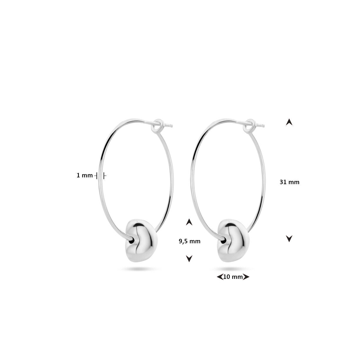 Srebrne damskie kolczyki w kształcie serca – rodowane 31 mm