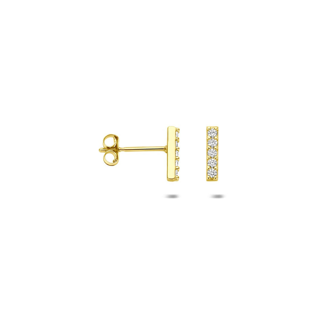 Geelgouden oorknoppen met balkje en zirkonia – 14k