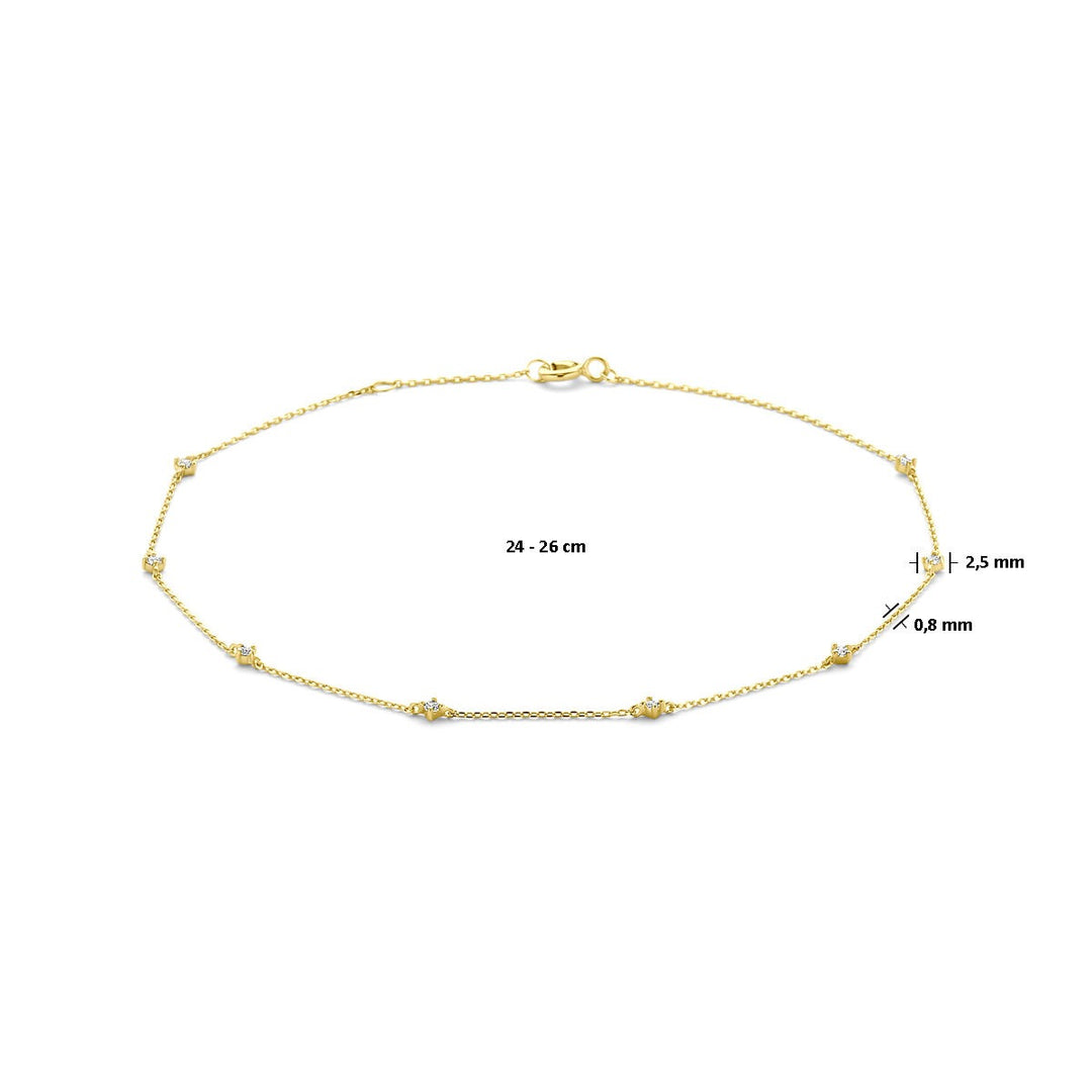 14k geelgouden enkelbandje met zirkonia – verstelbaar van 24 tot 26 cm
