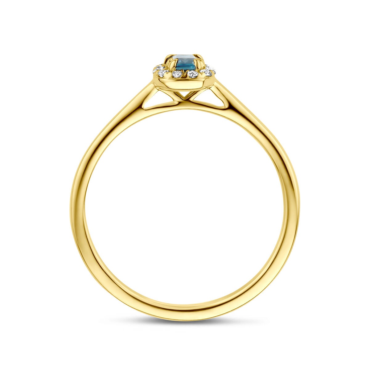 pierścionek z żółtego złota 14k z London blue topazem i diamentem hodowanym w laboratorium