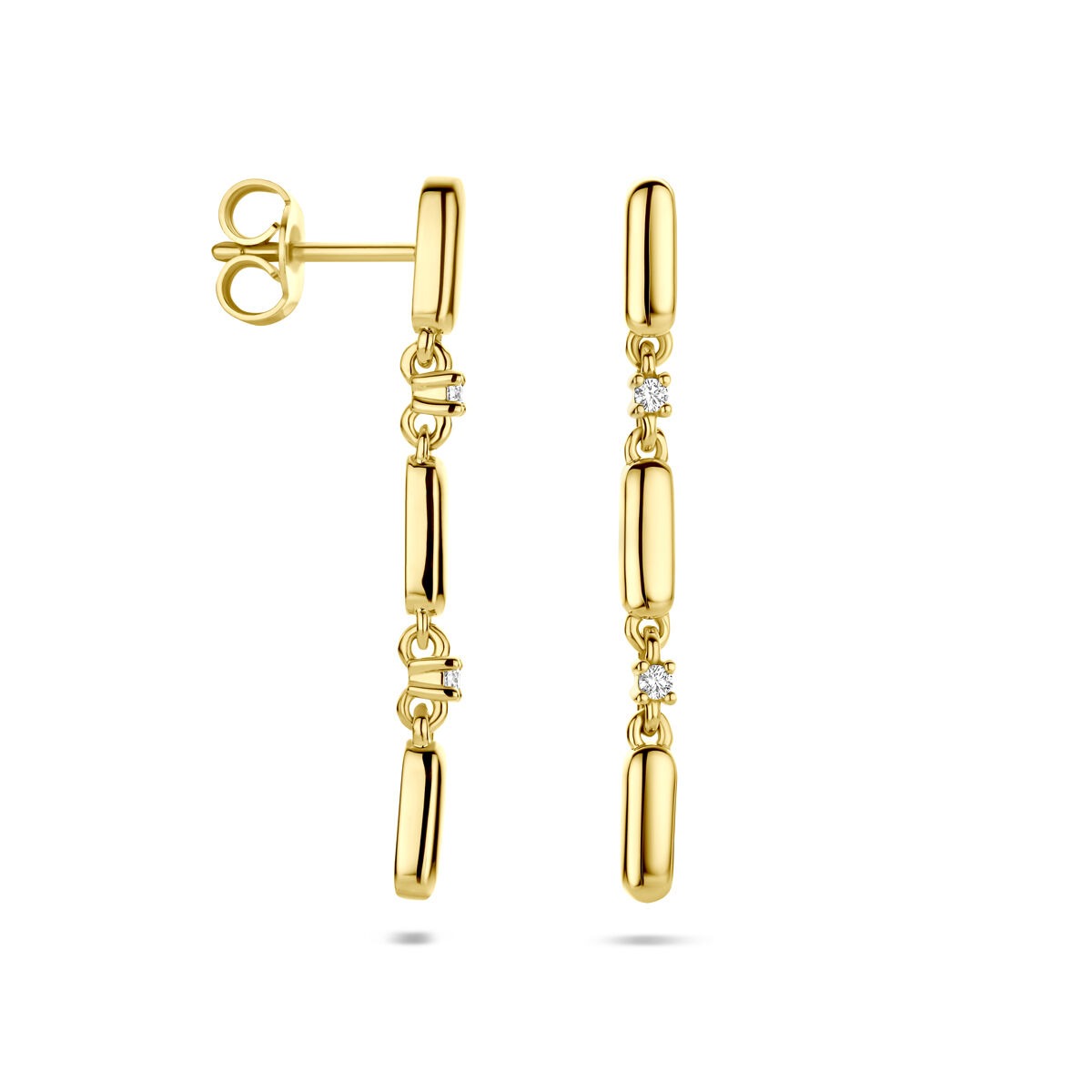 Złote kolczyki z diamentem – 14k żółte złoto, 0.06ct szlif brylantowy (2x 0.03ct) h si 32 mm