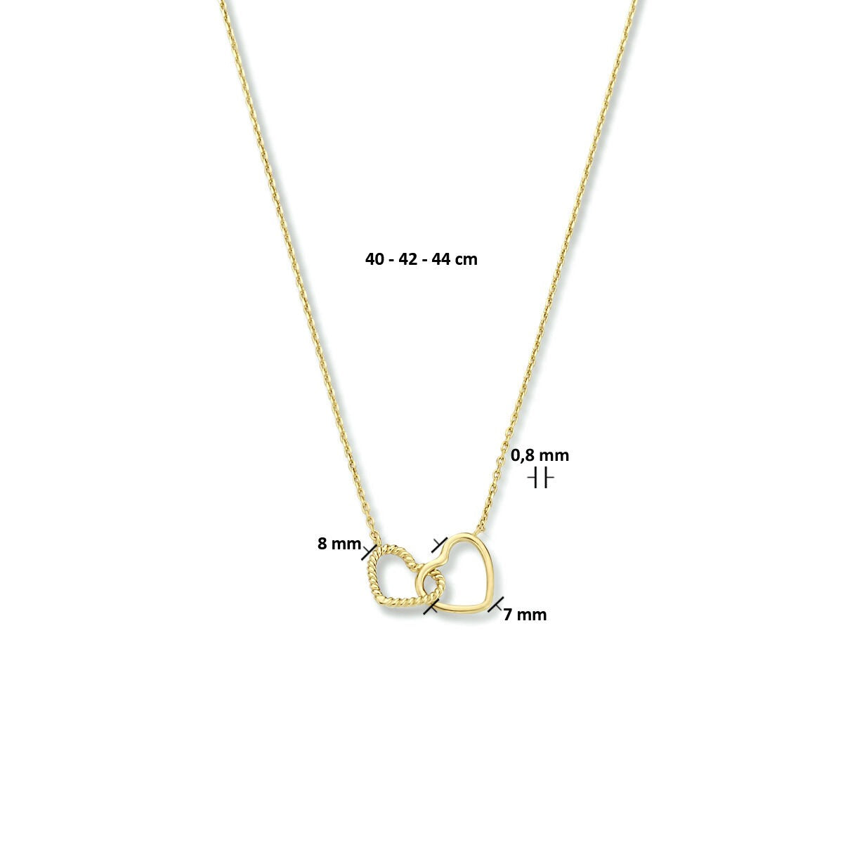 9k Geelgouden dames ketting met dubbele hartjes