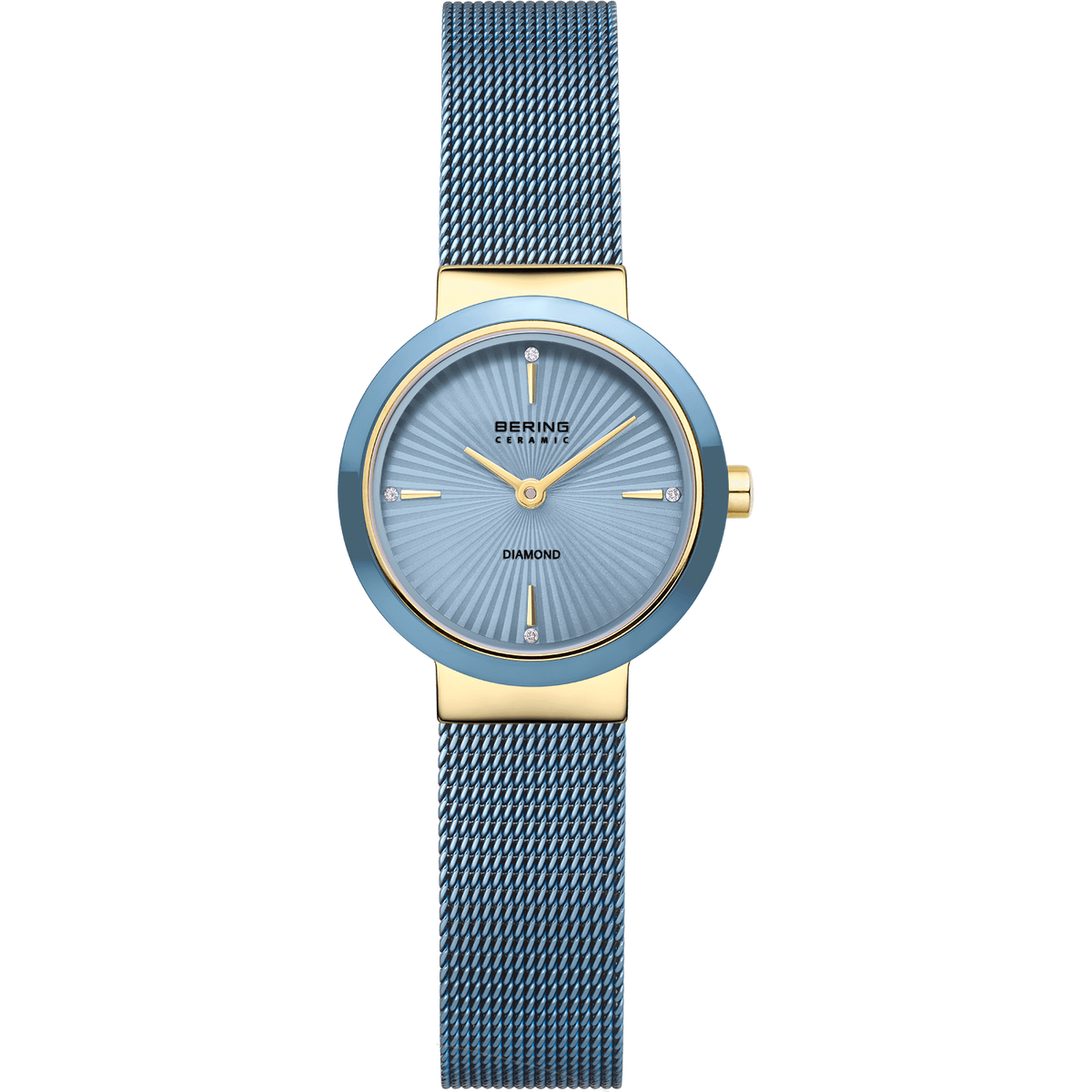 Dames horloge met blauwe wijzerplaat, gouden kast en mesh-band in lichtblauwe kleur.