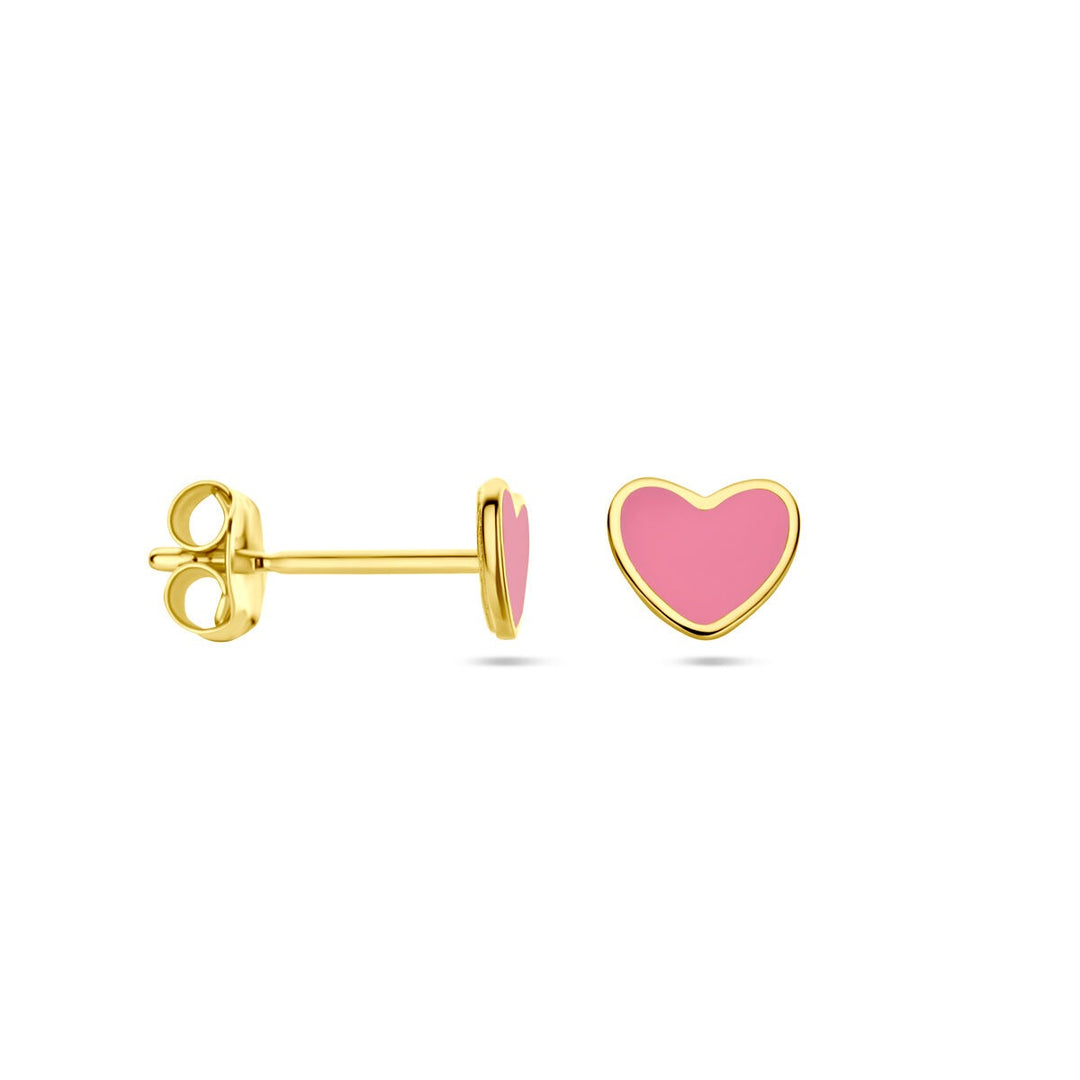 14k geelgouden kinder oorknoppen – hartje met roze epoxy