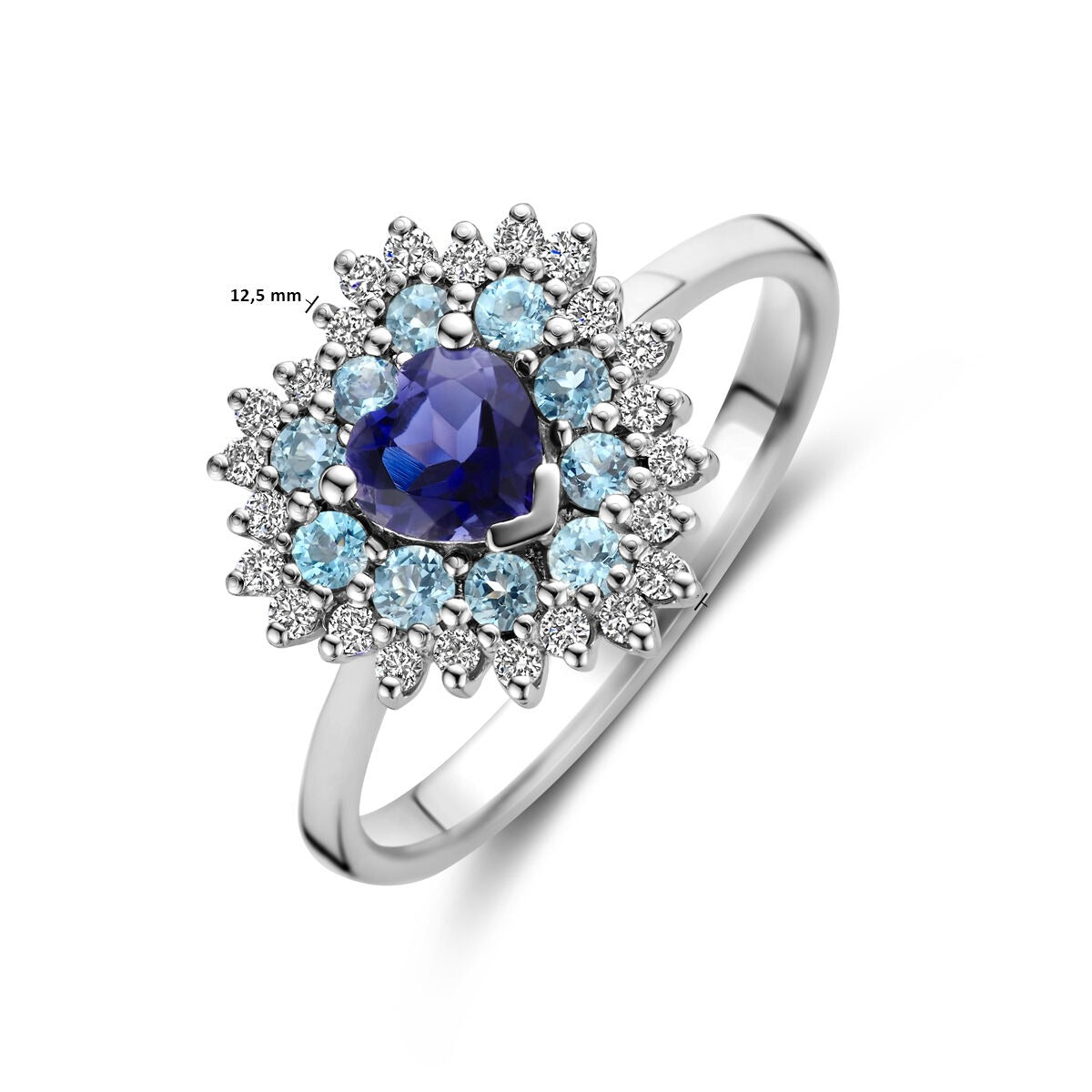 Pierścionek z białego złota w kształcie serca – topaz london blue, iolit i diament