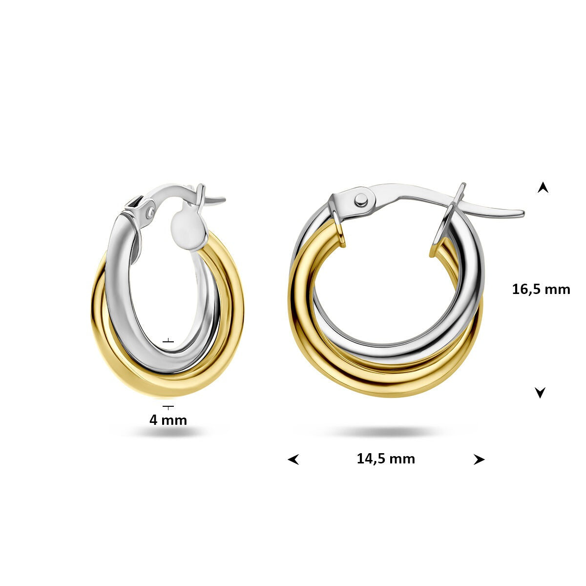 14k Bicolor Żółte i Białe Złote Kolczyki Koła 4 mm Damski Zapięcie na Zawias