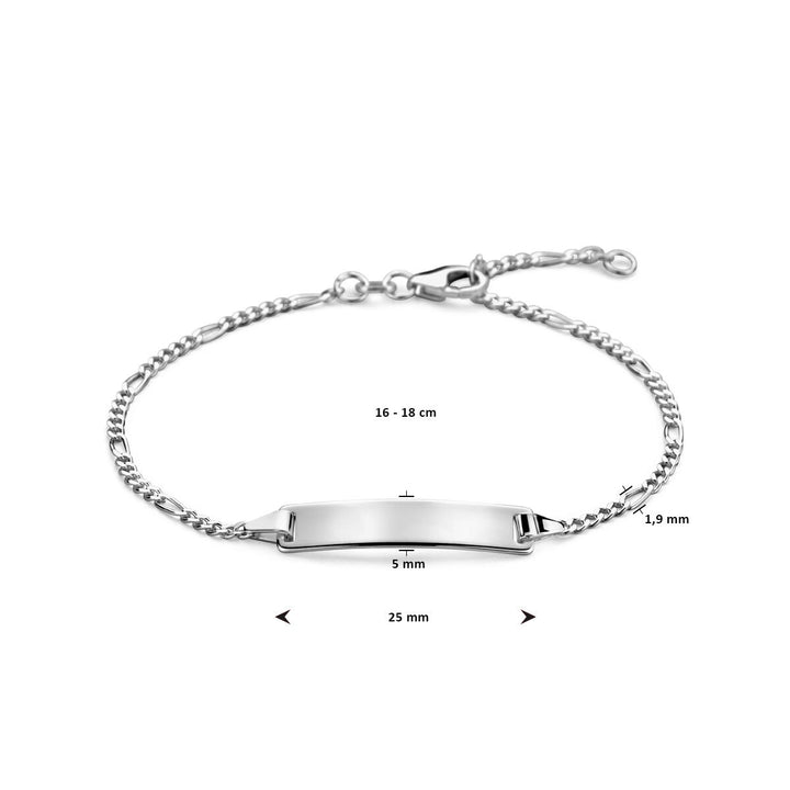 Zilveren dames graveerarmband met rechthoekige plaat en figaro schakel