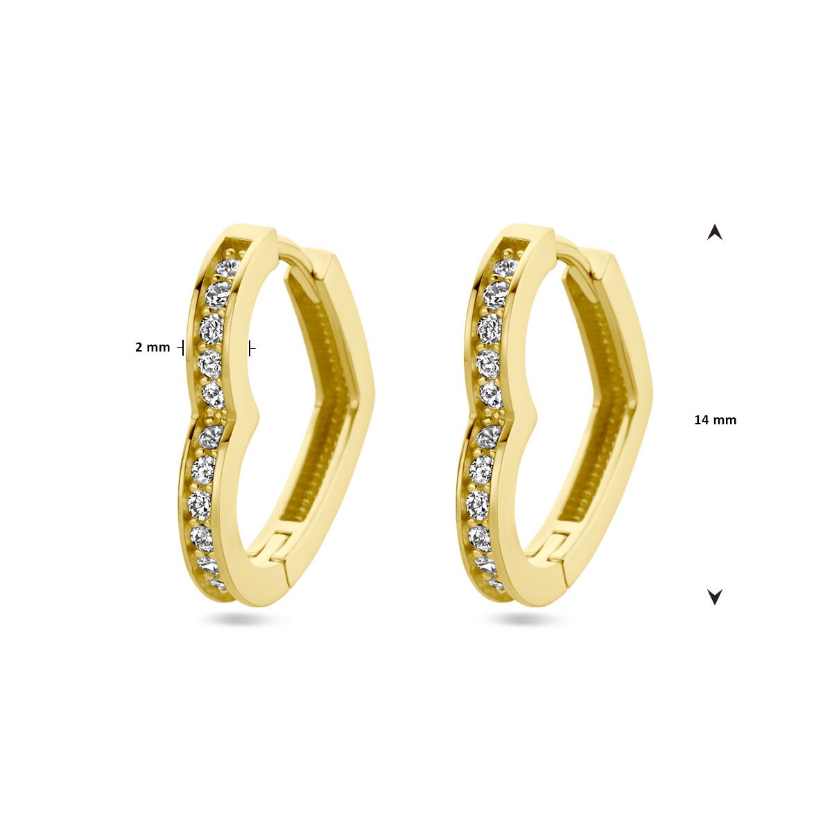 14k złote damskie kolczyki w kształcie serca z cyrkonią – 14 mm