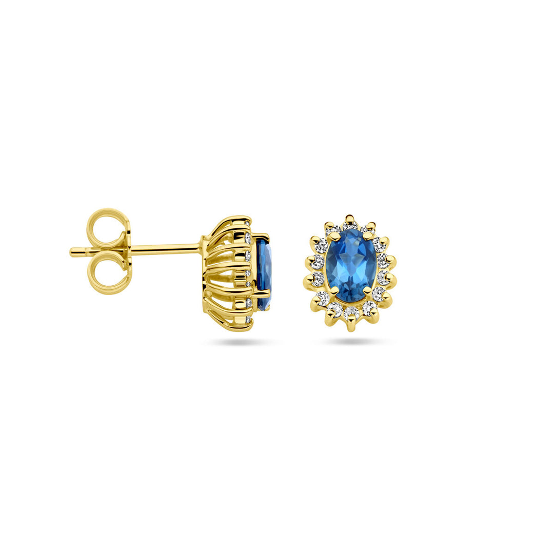 14k Geelgouden oorknoppen met London Blue topaas en diamant