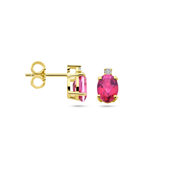14k Geelgouden oorknoppen met roze topaas en diamant