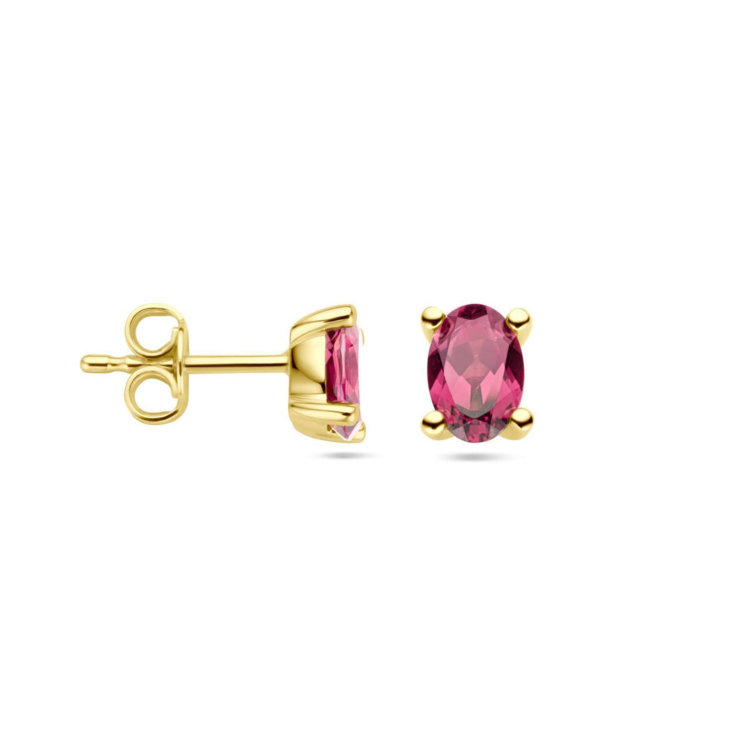14k geelgouden oorknoppen met roze rhodoliet