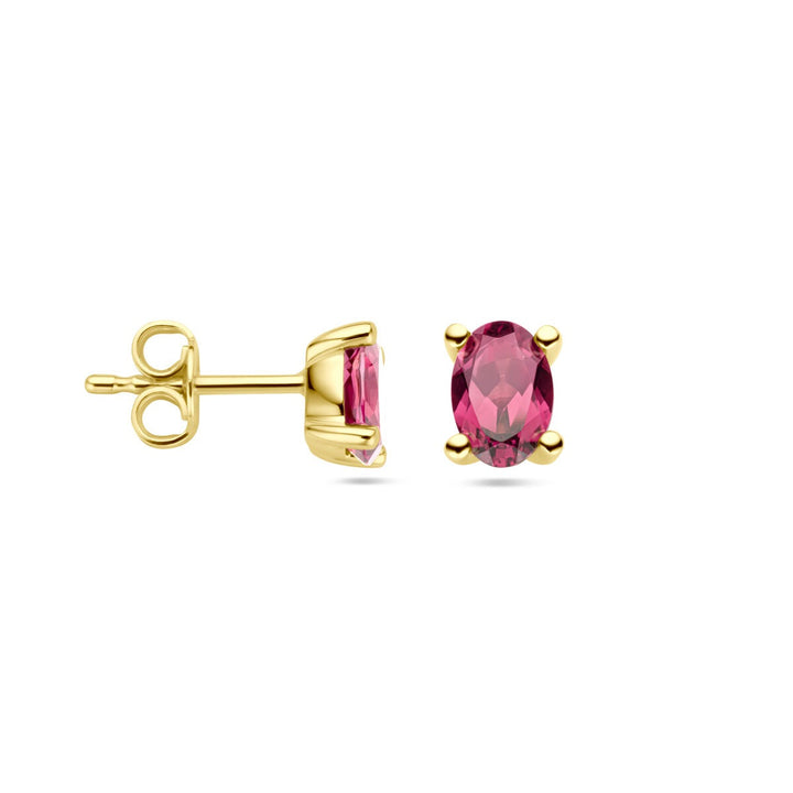 14k geelgouden oorknoppen met roze rhodoliet