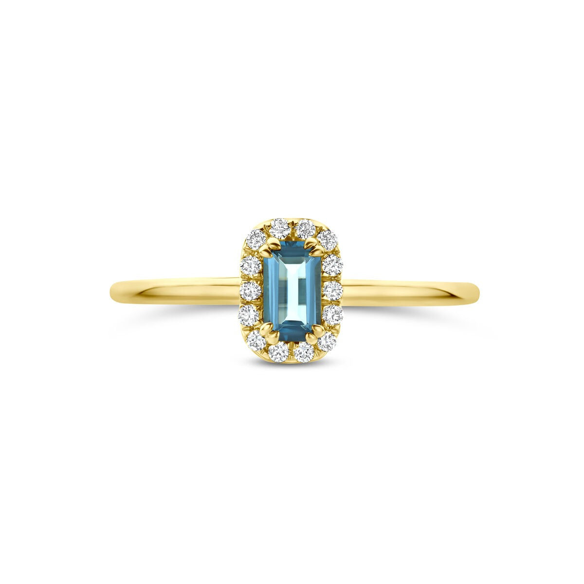 pierścionek z żółtego złota 14k z London blue topazem i diamentem hodowanym w laboratorium