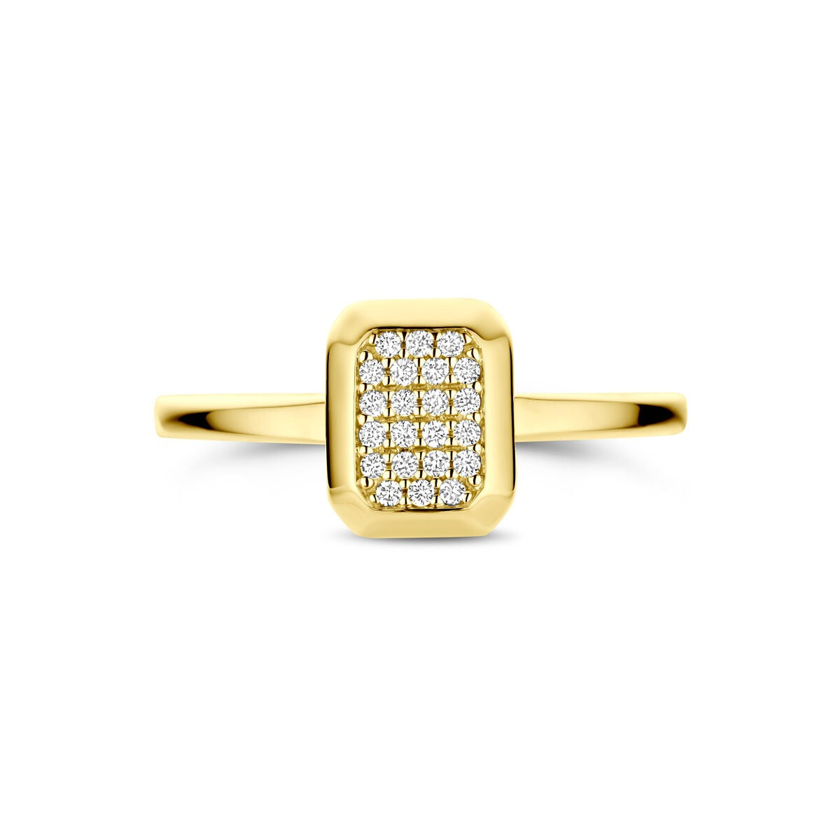 Złoty pierścionek damski 14k z diamentem 0,10 ct, prostokątna główka z diamentami.