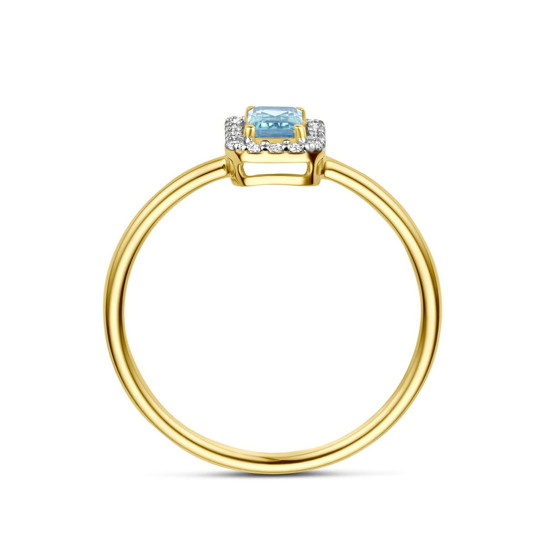 Gouden damesring met aquamarijn en diamant – 14k geelgoud
