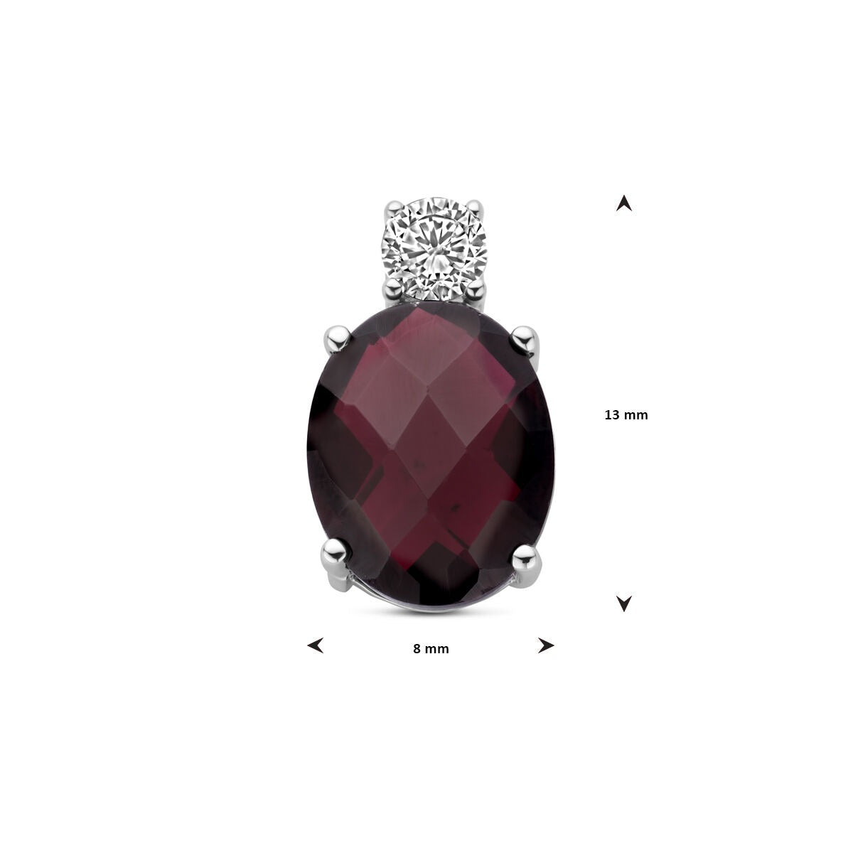 Srebrny wisiorek z granatem i cyrkonią – rodowany 925 srebro, 13 x 8 mm