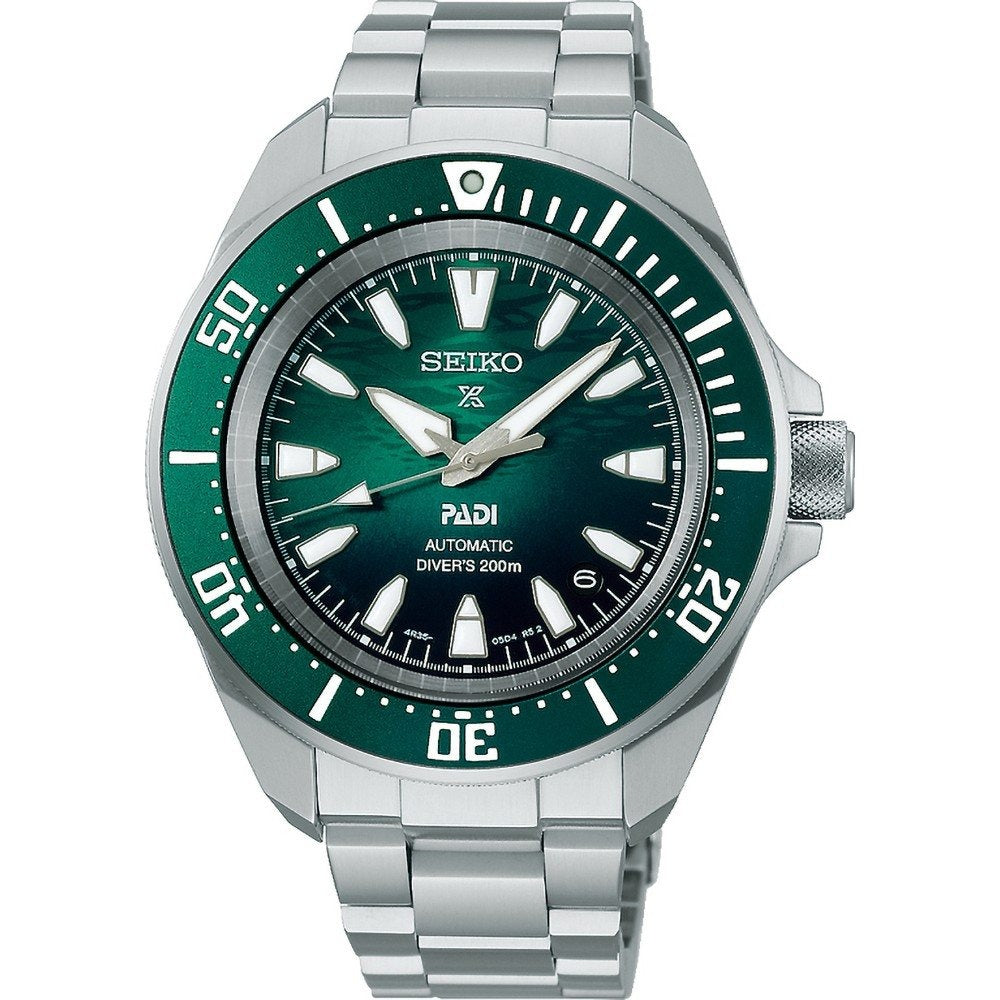 Zegarek męski Seiko z automatycznym mechanizmem, zieloną tarczą i stalową bransoletą.