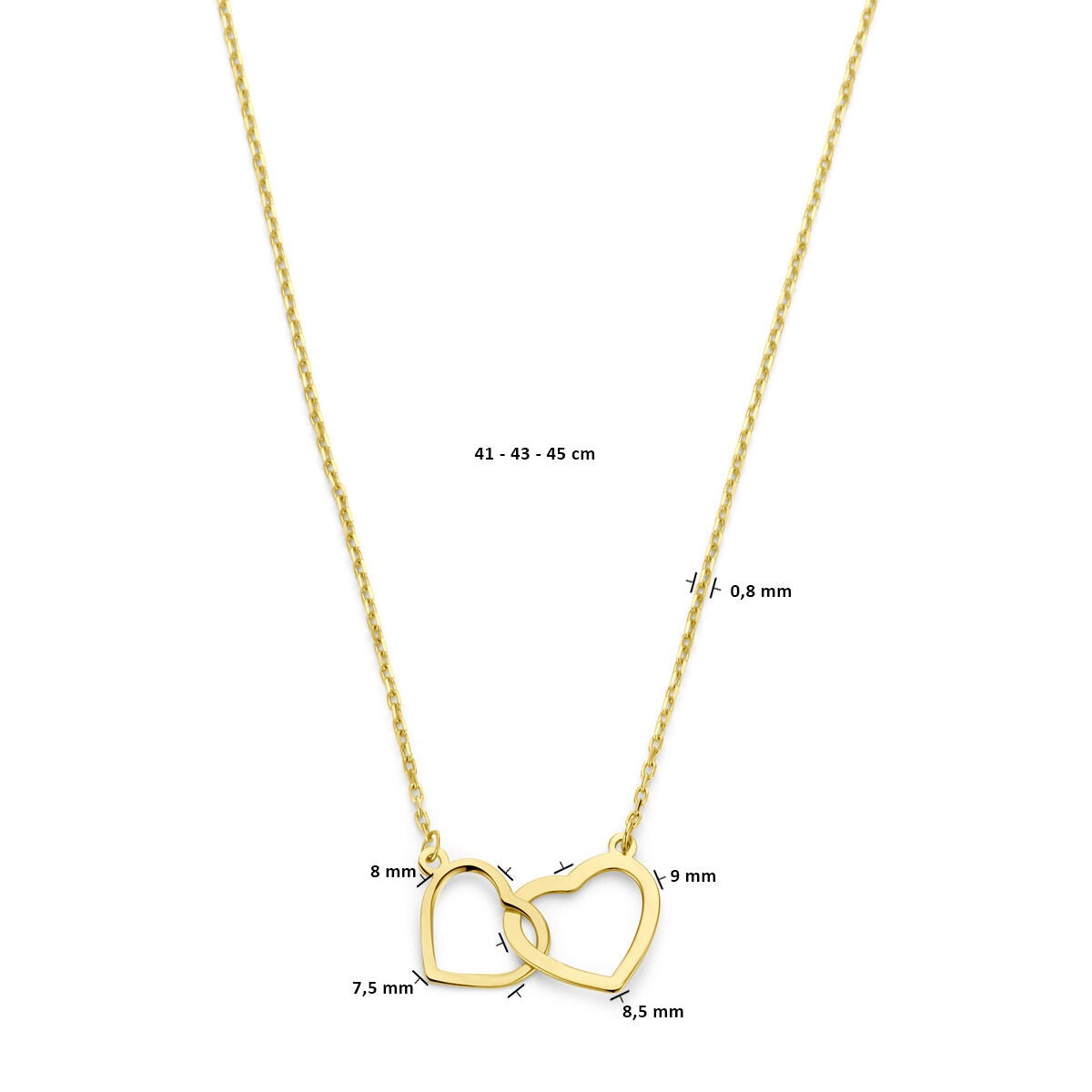 14k złota damski naszyjnik z dwoma sercami – 45 cm