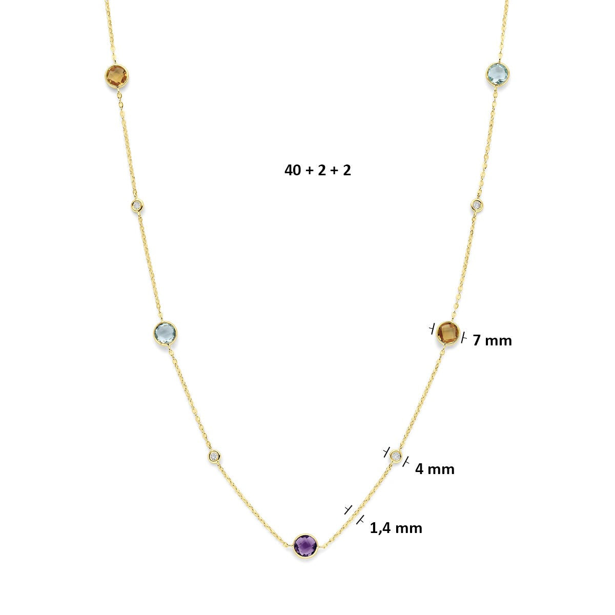 14k żółte złoto naszyjnik z cytrynem, ametystem, topazem i diamentem 0,25 ct