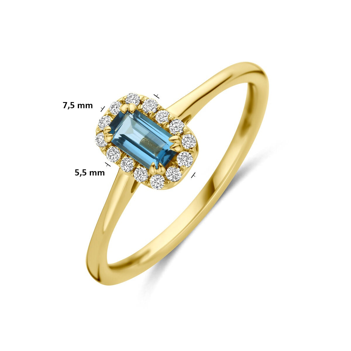 pierścionek z żółtego złota 14k z London blue topazem i diamentem hodowanym w laboratorium