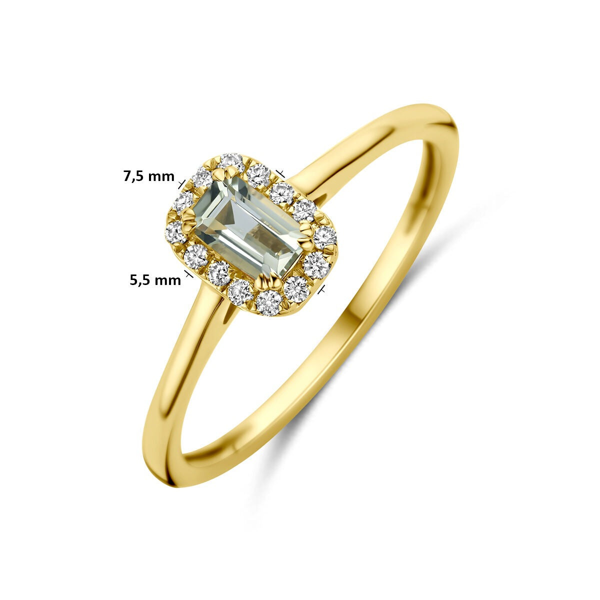 pierścionek z żółtego złota 14k z zielonym ametystem i diamentem hodowanym w laboratorium