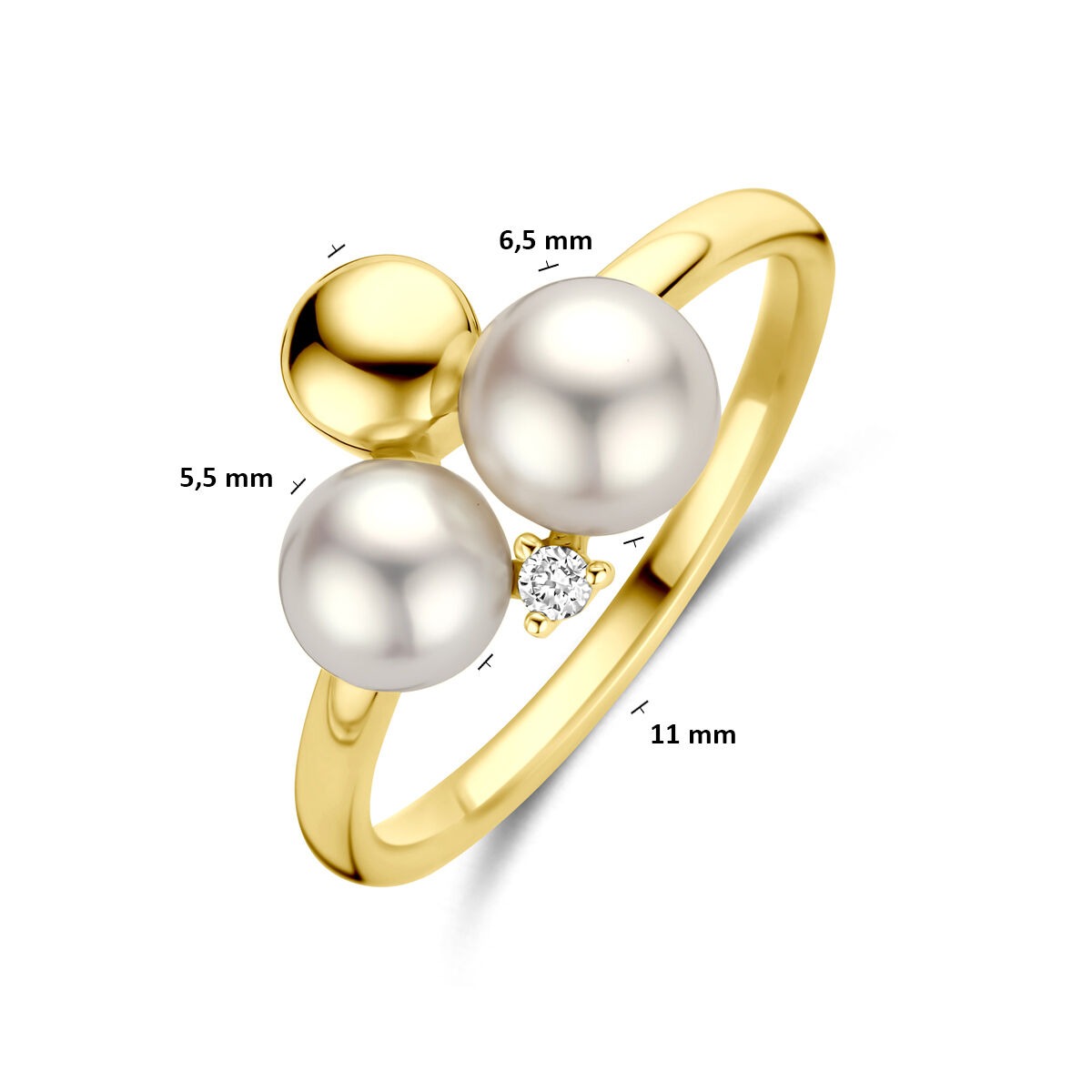 14k Żółte złoto damski pierścionek z perłą i diamentem – 11 mm szeroki