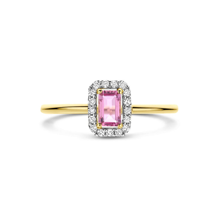 Gouden damesring met roze toermalijn en diamant – 14k geelgoud
