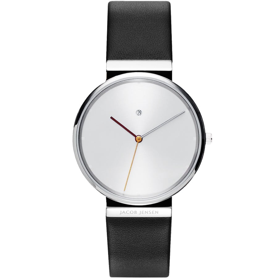 Zegarek z okrągłą tarczą, srebrna koperta, czarny pasek, minimalistyczny design.