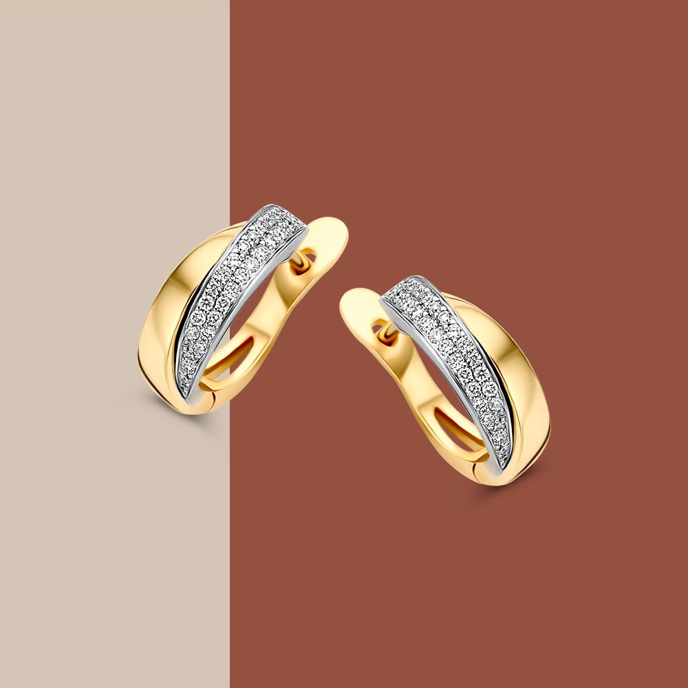 Bicolor Żółte i Białe Złote Kolczyki z Diamentem w Oprawie Pavé – 14 Karaat Kolczyki z 0.20 Karata Diamentu