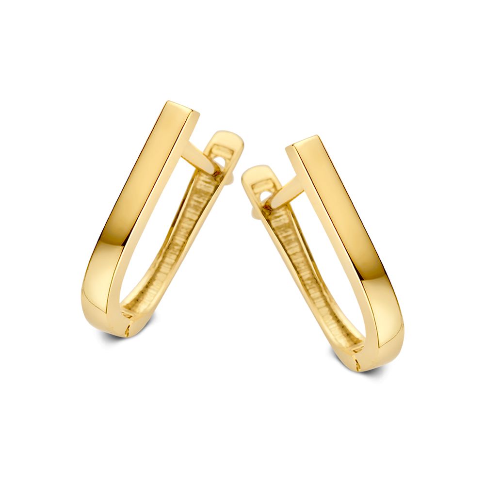 Złote kolczyki o prostokątnym kształcie, gładkie wykończenie, rozmiar 12x8 mm.