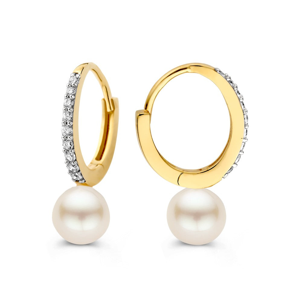 14K Żółte Złoto Kolczyki Koła z Perłą i Cyrkonią – Eleganckie Charmsy do Uszu dla Damskich