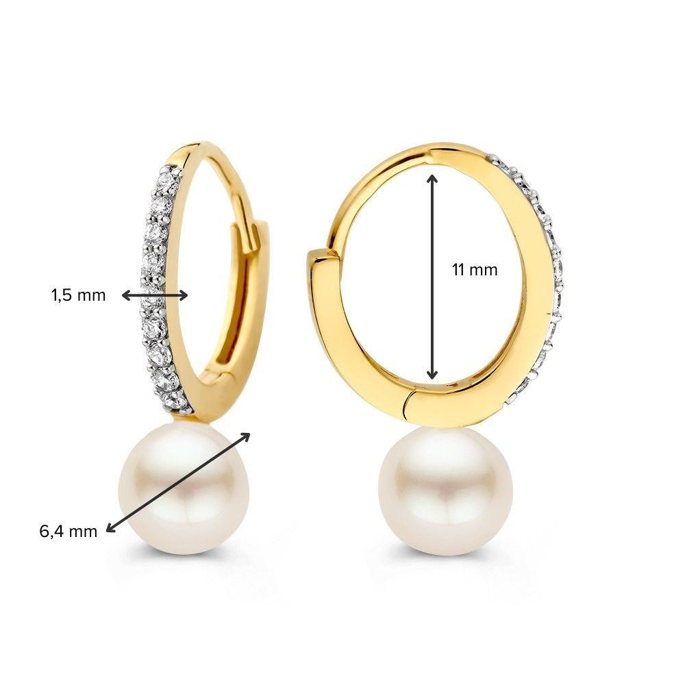 14K Żółte Złoto Kolczyki Koła z Perłą i Cyrkonią – Eleganckie Charmsy do Uszu dla Damskich