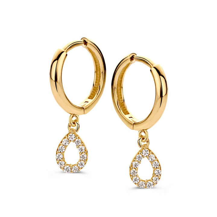 Elegante Geelgouden Oorringen met Speelse Druppelvormige Oorbedels en Zirkonia's