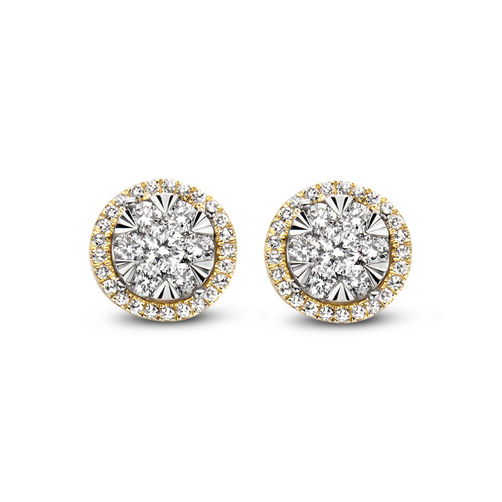 Bikolorowe kolczyki z diamentem 0,44 ct w oprawie entourage.