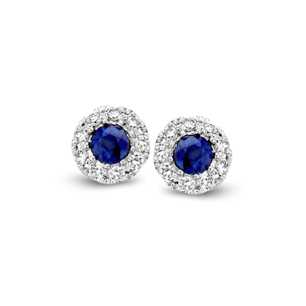 Bicolor złote kolczyki z szafirem i diamentami o masie 0,11 ct, okrągłe, z błyszczącą oprawą.