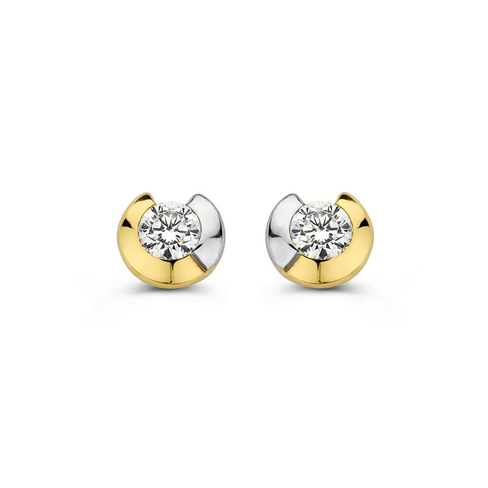 Bicolor Wit- en Geelgouden Oorstekers met Zirkonia - 14K, 6mm