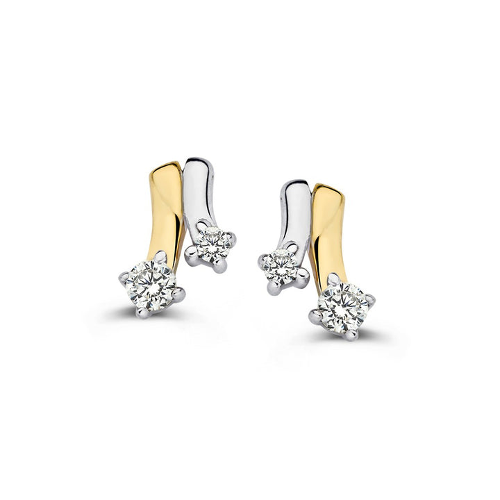 Bicolor Wit- en Geelgouden Oorstekers met Zirkonia - 14K, 8.5mm