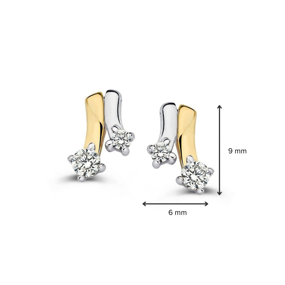 Bicolor kolczyki z białego i żółtego złota z cyrkonią - 14K, 8.5mm