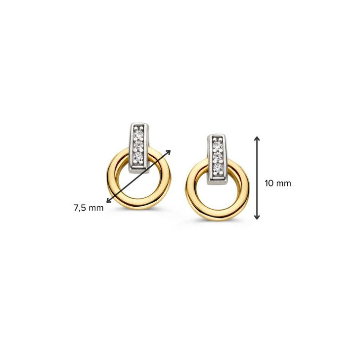 De Excellent Jewelry Bicolor Wit- en Geelgouden Oorstekers met Zirkonia (14K) hebben een gouden ring met een verticale zilveren staaf bezet met zirkonia's en meten 10 mm hoog en 7,5 mm breed.
