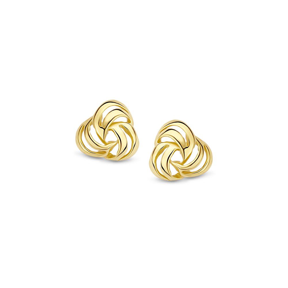 Żółte złote kolczyki 14K o minimalistycznym designie, średnica 7,3 mm, w kształcie falistych spiral.