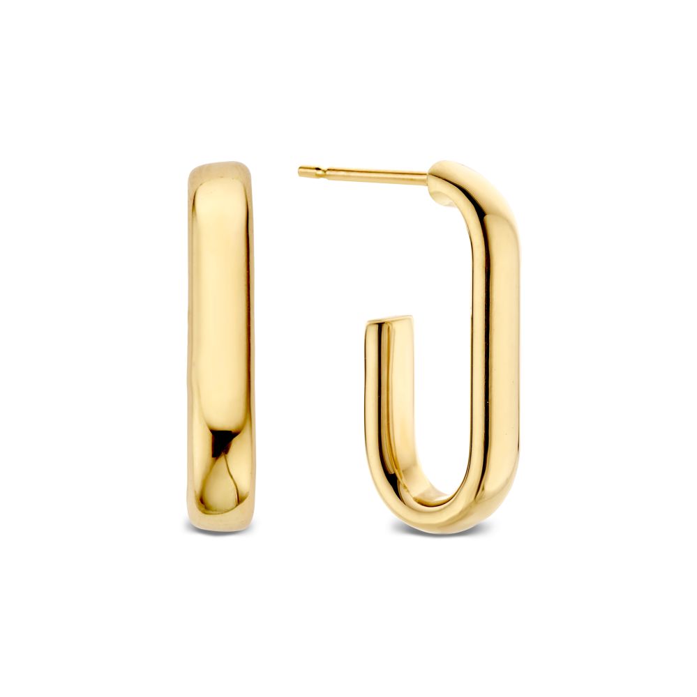 Złote kolczyki owalne o wymiarach 21 mm x 4 mm z gładkim wykończeniem.