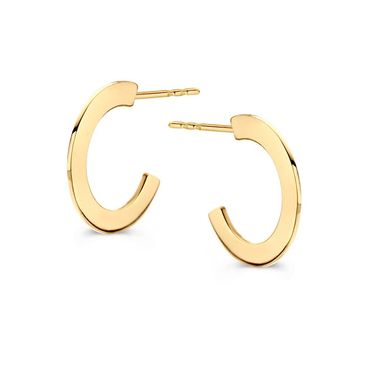 Geelgouden Oorringen met Stekers en Strak, Plat Design in 14 Karaat Goud