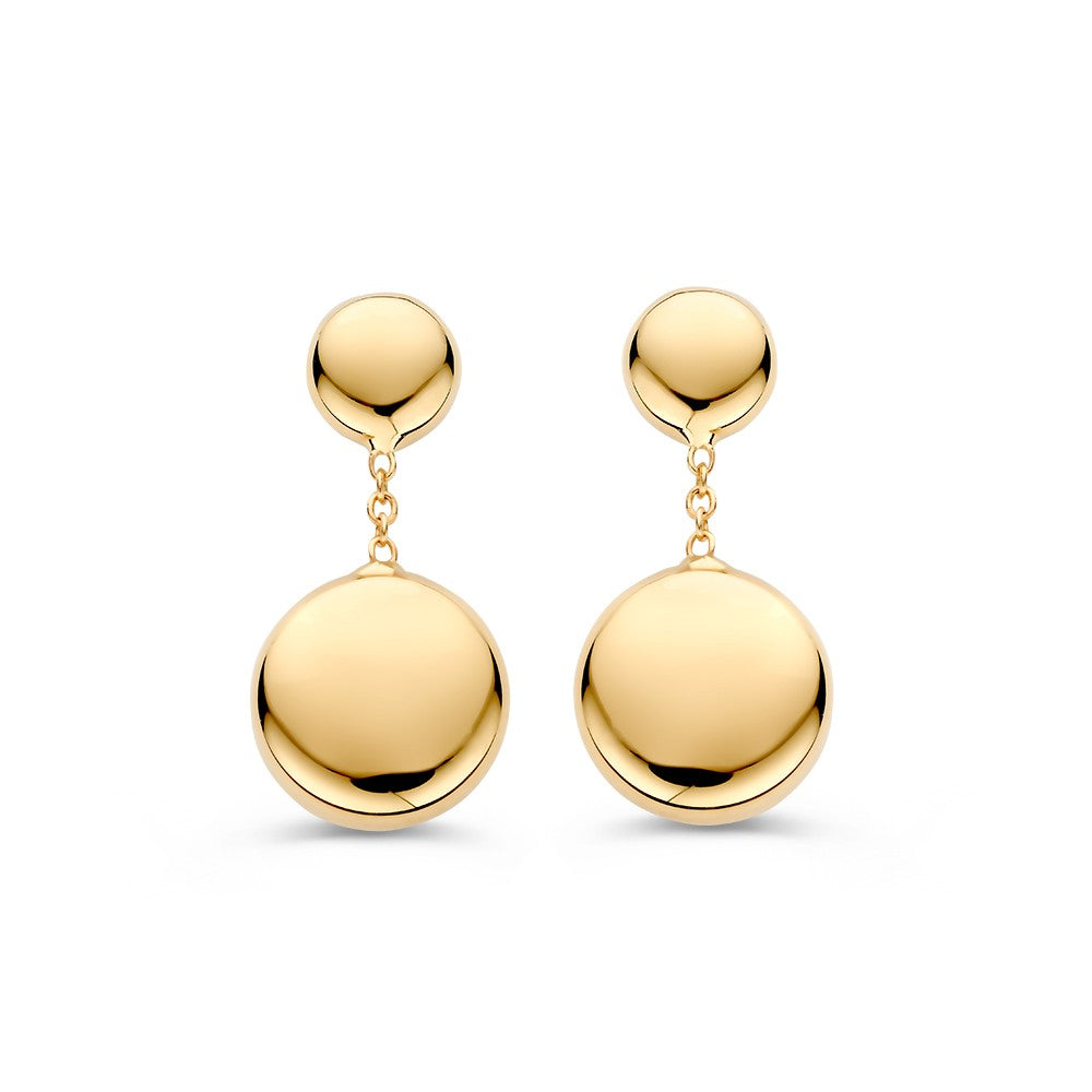 Złote kolczyki z wiszącymi elementami w 14-karatowym złocie, okrągłe, błyszczące.