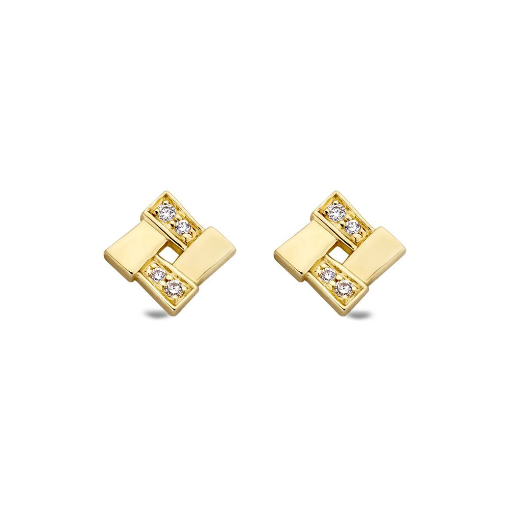 Żółte złote kolczyki z diamentami w 14-karatowym złocie, w kształcie kwadratów.