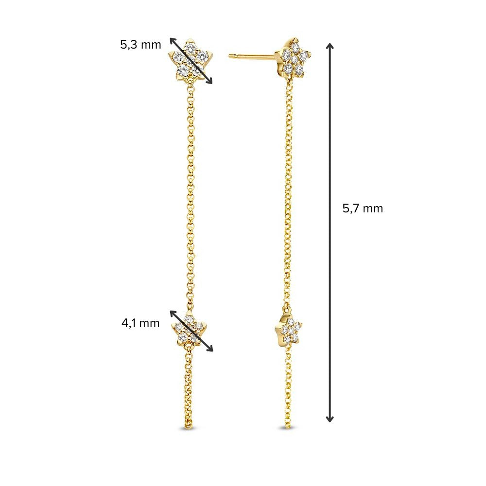 Speelse Geelgouden Oorstekers met Vallende Sterren en Diamanten van 0,24 crt