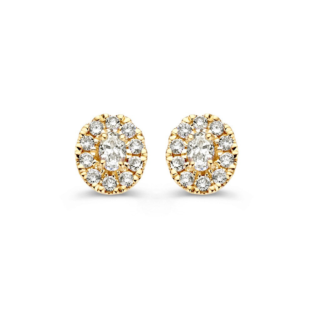 14k Yellow Gold Diamond Halo Stud Earrings with Oval-Cut Center Stone