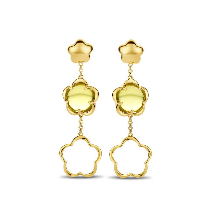 Geelgouden Oorstekers met Groene Kwarts Bloemvorm Hanger – Elegante Oorbellen